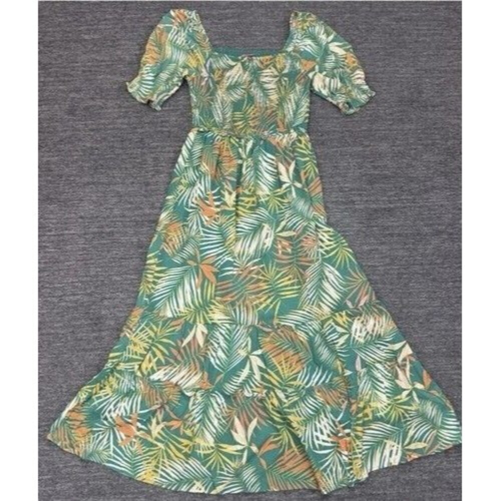 Betsey Johnson‎ Palm Leaf Print Smocked Mint 1/2 Sleeve Maxi Dress Women Size XS